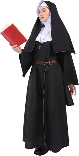 Vista 5 de DAZCOS Disfraz de cosplay de monja, bata medieval decente con pañuelo y cinturón para Halloween