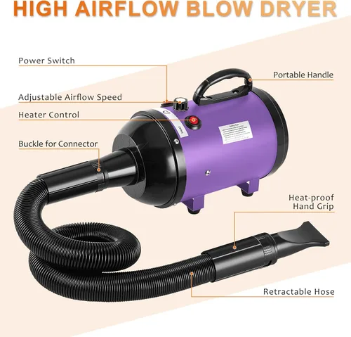Vista 4 de NESTROAD - Secador de pelo para perros para peluquería de mascotas, 4.3HP Púrpura