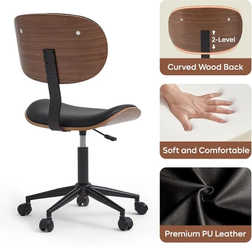 Vista 4 de Bestier Silla de oficina pequeña con soporte de respaldo de madera curvada, silla de escritorio sin brazos con giro de 360°, silla de computadora