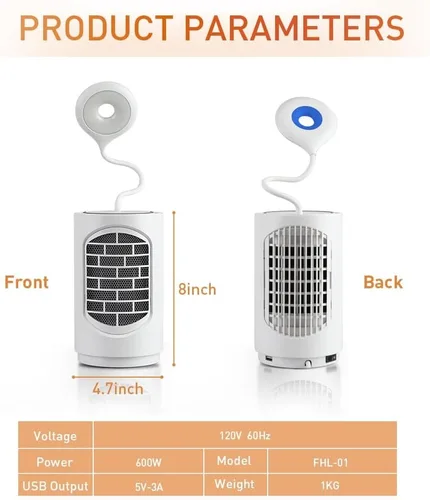 Vista 6 de Calentador de Espacio Eléctrico ibo Calentador de Cerámica Pequeño con Luz LED, Calentador de Ventilador de 600W 4 en 1 Calentador de Escritorio