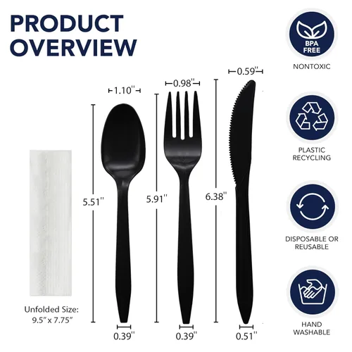 Vista 2 de Party Essentials Cubiertos de plástico envueltos individualmente/paquetes de cubiertos, 250 juegos, tenedor negro/cuchara/cuchillo/servilleta