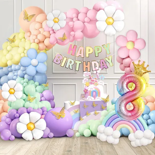 Vista 12 de Decoraciones de primer cumpleaños para niña, 219 margaritas para primer cumpleaños, kit de arco de globos pastel, pancarta de feliz cumpleaños