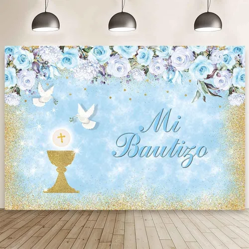 Vista 10 de AIBIIN Mi Bautizo - Telón de fondo para niño, cartel de bautizo de palomas de cáliz dorado, fondo para fotografía de bautizo, floral azul, primera