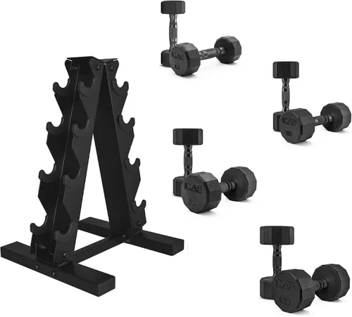 Vista 17 de CAP Barbell Rubber Coated Dumbbell Weight Set with Vertical Rack 100 lb, 150 lb, and 210 lb Options