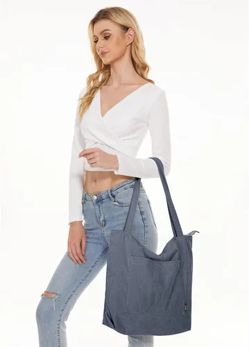 Vista 9 de KALIDI Bolso de mano de pana para mujer, bolso de hombro grande con bolsillo con cremallera, bolso Hobo casual de gran capacidad, bolsa de trabajo