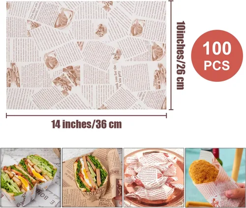 Vista 2 de 100 Hojas de Papel Deli, Papel para Envolver Sándwiches de 14 * 10 pulgadas, Papel para Envolver Alimentos, para Panes, Papas Fritas, Sándwiches