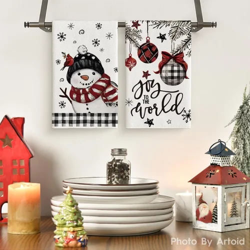 Vista 2 de Artoid Mode Toallas de Cocina y Paños de Cocina Navideños Negros y Rojos con Árbol de Navidad y Muñeco de Nieve, 18x26 Pulgadas, Toallas de Mano
