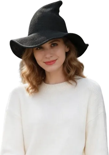 Vista 10 de DAZCOS Sombrero de bruja de punto multicolor transpirable de ala ancha plegable para mujer, disfraz de Navidad