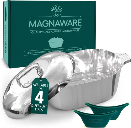 Vista 11 de MAGNAWARE Horno holandés ovalado de aluminio fundido con tapa, sartén resistente de 5 cuartos de galón con estante y cubierta de silicona con asas
