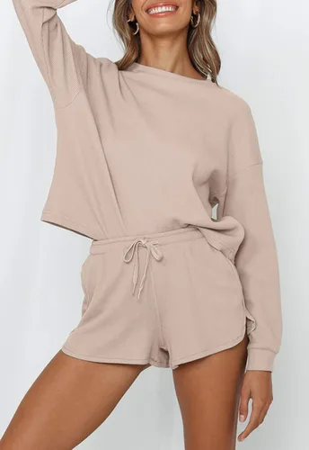 Vista 8 de ZESICA Women's Waffle Knit Long Sleeve Top and Shorts Pullover Nightwear Lounge Pajama Set with Pockets
