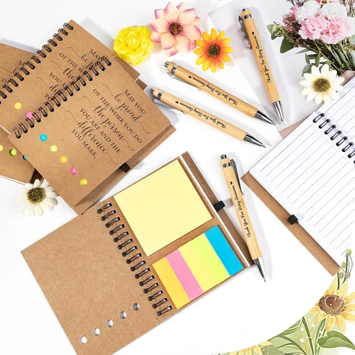 Vista 4 de 20 juegos de regalos de agradecimiento a los empleados, cuaderno inspirador en espiral con notas adhesivas, bolígrafo de bambú motivacional, regalos