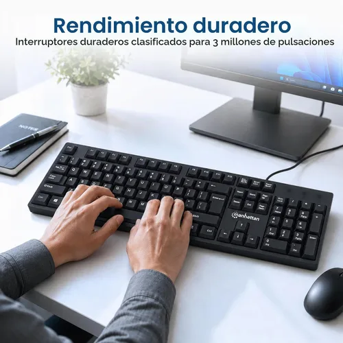 Vista 5 de Manhattan Teclado de computadora con cable – Teclado negro básico – con cable USB-A de 4.5 pies, 104 teclas, soportes plegables – Compatible