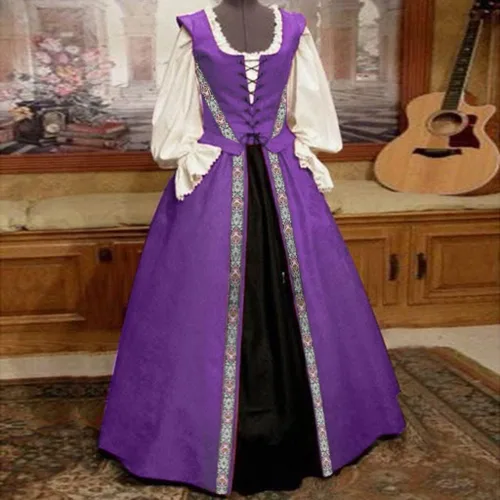 Vista 2 de CRNTCEM Halloween Renaissance Dress Plus Size Medieval Irish Gothic Sleeve Dress Women Cosplay Peasant Fairy Dress Ball Gown