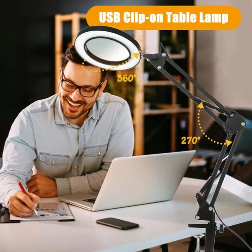 Vista 6 de Lámpara de aumento con abrazadera, 8 lámparas de lupa, 3 colores y 10 brillantes, lámpara LED de lupa ajustable de 19 pulgadas, lámpara de brazo