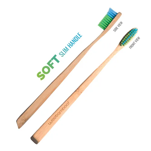 Vista 4 de Woobamboo! Cepillo de dientes de bambú, mango delgado, cerdas suaves, cerdas de nailon sin BPA, ecológico, biodegradable, compostable, vegano