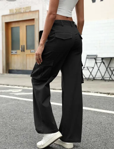 Vista 2 de DIBAOLONG Pantalones cargo para mujer, cintura alta, pantalones casuales de pierna ancha, pantalones Y2K, pantalones holgados militares, 6 bolsillos