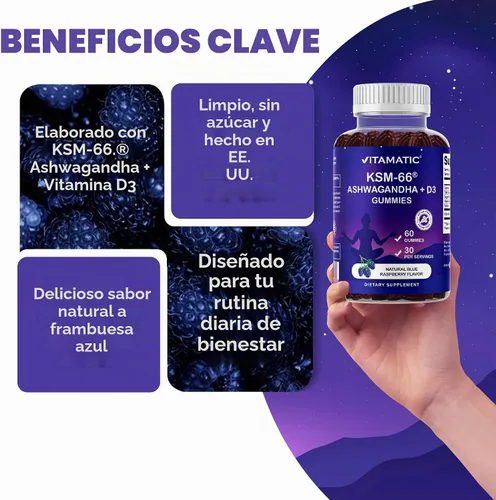 Vista 6 de Vitamatic KSM-66® Ashwagandha + D3 Gummies - Sabor natural de frambuesa azul - Sin azúcar, sin gluten, sin OMG - 60 gomitas
