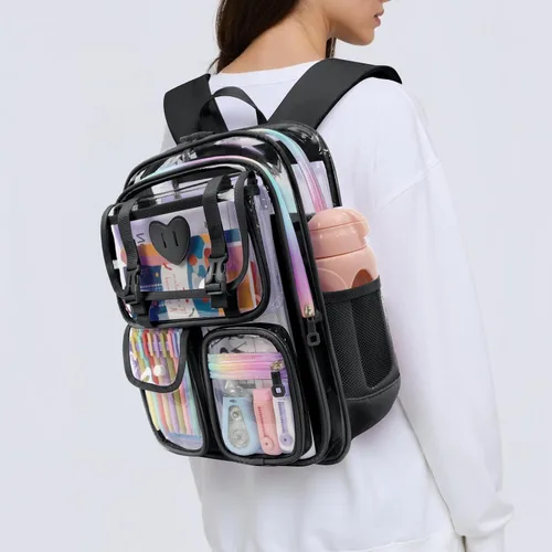 Vista 6 de Mochila transparente de PVC impermeable y resistente al congelamiento, de gran capacidad, elegante y duradera para viajes, Negro, Moderno