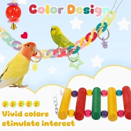 Vista 4 de 13 piezas de juguetes para pájaros de cacatúa, loros de madera, accesorios de jaula de periquitos, columpios de perca para pequeños juguetes