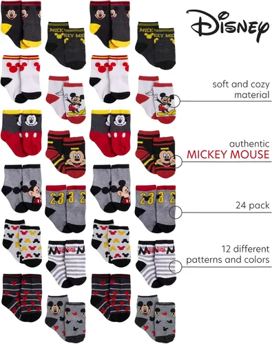 Vista 2 de Disney Calcetines de Mickey Mouse para bebés y niños, paquete de 24 calcetines para recién nacidos, para bebés (tamaño 0-24 meses)