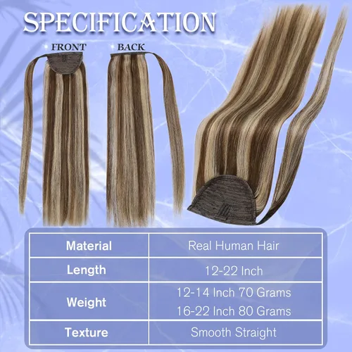 Vista 3 de Extensiones de cabello Full Shine con clip para cola de caballo, cabello humano, tonos medios marrones y rubio miel, envoltura alrededor de la cola