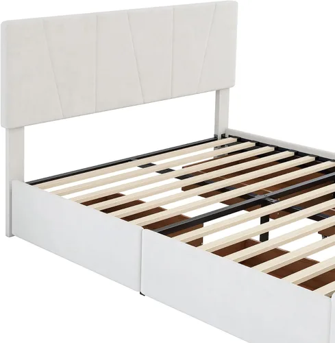 Vista 7 de SOFTSEA Marco de cama tapizado completo con 4 cajones, marco de cama de plataforma de terciopelo con cabecera ajustable