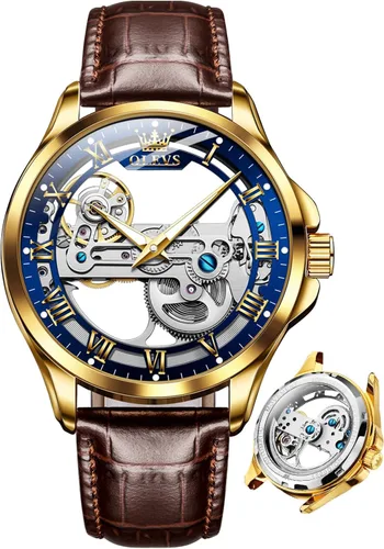 Vista 25 de OLEVS Relojes de esqueleto para hombre, automático, mecánico, de lujo, de cuero, impermeable, luminoso, reloj de pulsera para hombre