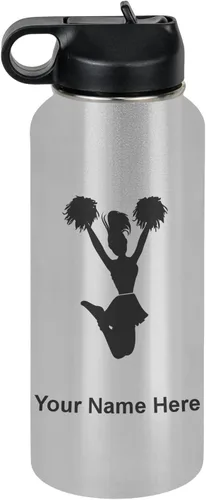 Vista 78 de LaserGram Botella de agua con tapa abatible de doble pared de 12 onzas con pajita, animadora, grabado personalizado incluido (negro)