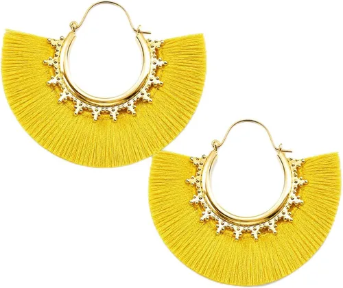 Vista 38 de Aretes de aro con borla, aretes colgantes de hilo de declaración, elegantes aretes largos con flecos, ligeros, largos y con gancho francés, para un