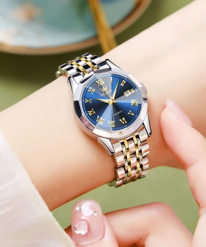 Vista 2 de OLEVS Reloj de pulsera para mujer, elegante, con diamantes, analógico, de cuarzo, de dos tonos, de acero inoxidable, impermeable, luminoso, regalo