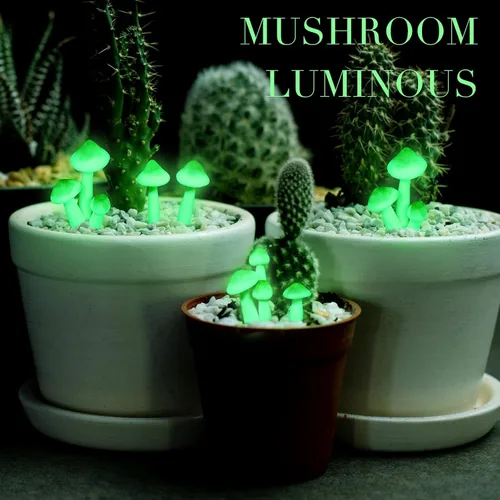 Vista 6 de Taiyin 5 piezas de hongos luminosos en miniatura para jardín al aire libre, hongos resistentes al agua que brillan en la oscuridad, decoración