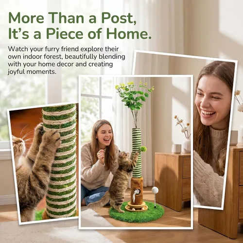 Vista 2 de Poste rascador para gatos de 39 pulgadas de alto con bola interactiva y agujero para el mouse para gatos adultos de interior, cuerda de sisal, torre