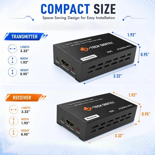 Vista 5 de J-Tech Digital Extensor HDMI sobre CAT5e/6/7 con PoC 1080P a 60Hz hasta 165 pies, HDMI Balun sobre Ethernet único compatible con EDID Copy