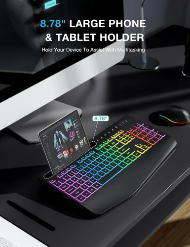 Vista 5 de SABLUTE Combo de teclado y mouse inalámbricos, 9 efectos retroiluminados, reposamuñecas, soporte para teléfono, teclados ergonómicos sin retrasos