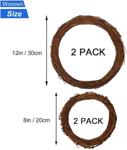 Vista 2 de Worown 4 coronas de vid naturales (8 y 12 pulgadas), corona de rama de vid, corona de ratán para manualidades de Navidad, colgar en la pared