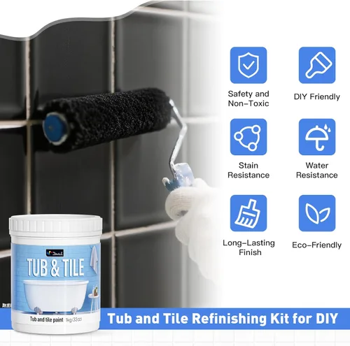 Vista 8 de DWIL Pintura para Bañera, Kit de Renovación de Bañera y Azulejos 33 oz con Herramientas, Kit de Renovación de Azulejos Pintura Negra para Bañera a