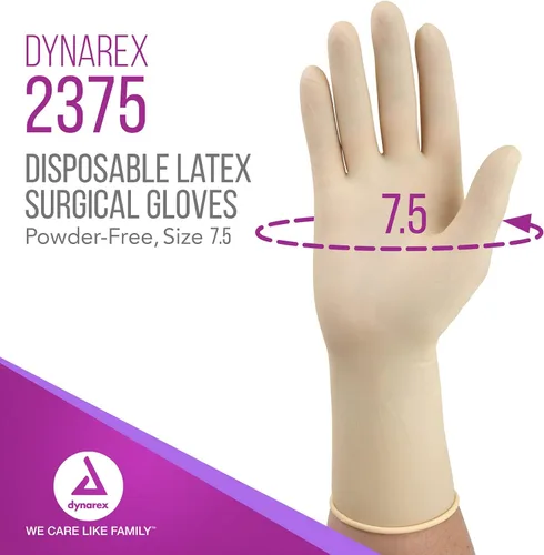 Vista 2 de Dynarex Guantes quirúrgicos de látex desechables estériles, sin polvo, empaquetados estérilmente en pares, uso médico y sanitario profesional