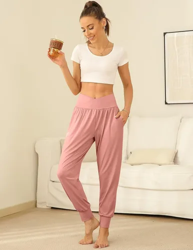 Vista 2 de UEU Pantalones deportivos de yoga de cintura alta para mujer, cómodos, para descansar, pantalones casuales sueltos con bolsillos