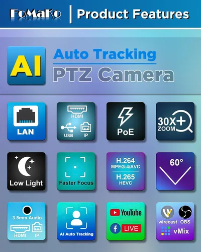 Vista 4 de FoMaKo Cámara PTZ, paquete de zoom óptico 30X, seguimiento automático AI Gen 3, cámara HDMI PoE, para adoración de la iglesia