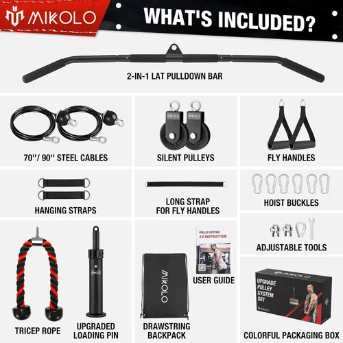 Vista 2 de Mikolo - Sistema de polea de elevación de peso mejorado - Anexos de polea LAT con cable de longitud ajustable para entrenamiento de cuerpo completo