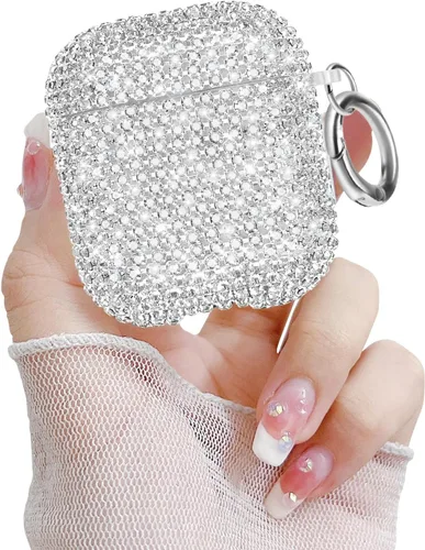 Vista 11 de Newseego Funda para AirPods de 1 y 2 generación, funda de lujo con diamantes de imitación brillantes con llavero para mujeres y niñas, anti-pérdida
