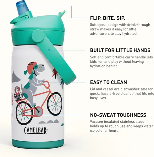 Vista 3 de CamelBak Thrive Flip Straw Kids Bite Valve Stainless Steel Water Bottle Biking Dogs, 12oz Perros en bicicleta