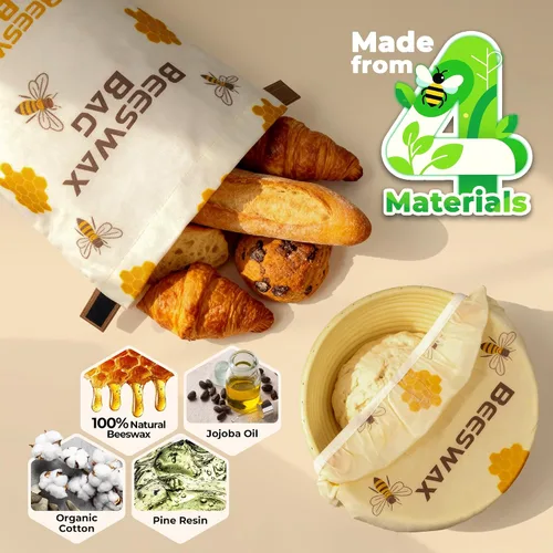 Vista 7 de Bolsas de pan de cera de abejas OHIYO para pan casero y cubierta elástica reutilizable para tazón de fermentación, cubierta elástica para masa