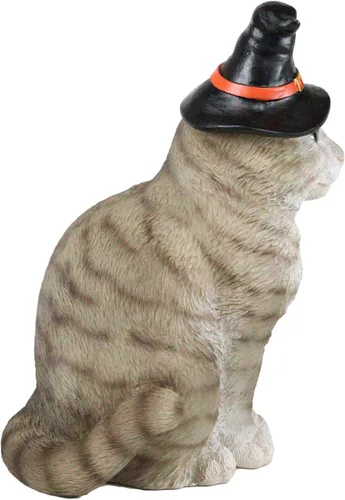 Vista 2 de Ebros - Figura de gato gris realista con sombrero de bruja para Halloween, 7.5 pulgadas de alto con ojos de cristal, brujas, Wicca, oculto, felino