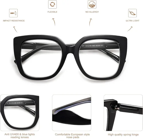 Vista 5 de Paquete de 3 lentes de lectura cuadrados retro de gran tamaño para mujer, grandes y elegantes con bloqueo de luz azul AM6072