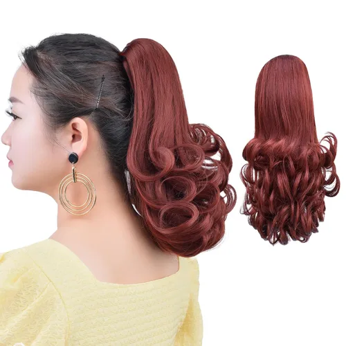 Vista 39 de Cola de caballo con clip, color castaño rojizo, ondulado de 10 pulgadas, extensión de cola de caballo de 3.3 onzas, extensiones de cabello sintético