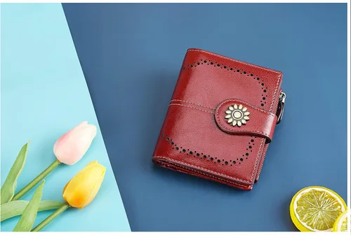 Vista 5 de Lavemi Cartera de cuero para mujer, pequeña, compacta, con bloqueo RFID, con bolsillo con cremallera