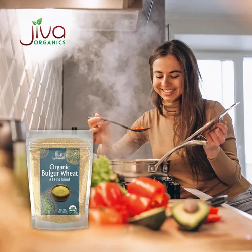 Vista 6 de Trigo búlgur orgánico fino #1 de 2 libras, sin OMG, cultivado en Estados Unidos, bayas de trigo 100% naturales, bolsa resellable por Jiva Organics