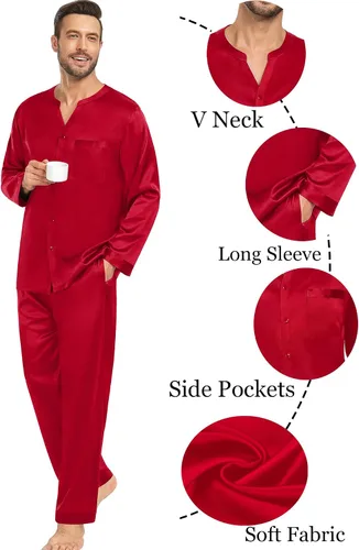 Vista 2 de SWOMOG Conjunto de pijamas de seda a juego para parejas, de satén, con botones, camisa de manga larga y pantalones, ropa de dormir para la familia