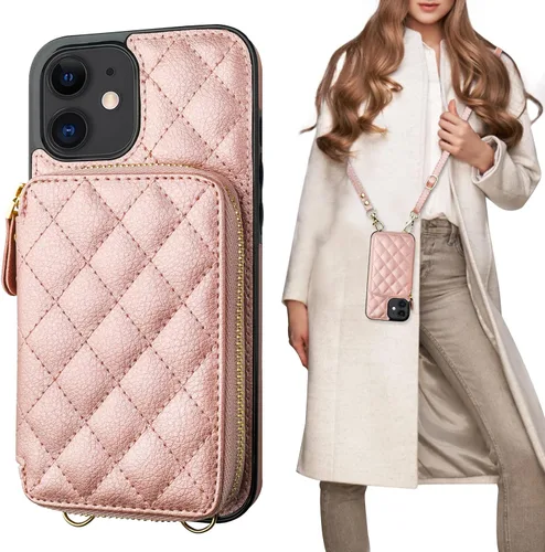 Vista 13 de Bocasal Funda tipo cartera cruzada para iPhone 12/12 Pro, bloqueo RFID, de piel sintética, con cremallera, bolso cartera con tapa plegable, funda